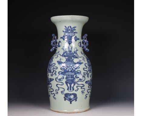China, blue and white porcelain vase, 19th century, decorated with Antiquities, the shoulder with openwork handles (small fir