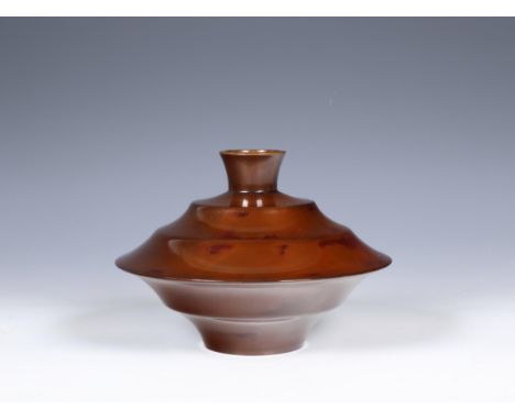 Japan, brown patinated bronze vase, signed, 20th century, of ribbed disc shape, in signed wood box h.12,5 cm [1]