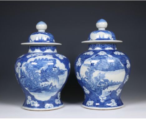 China, pair of blue and white porcelain baluster jars and covers, 19th century, each painted with various panels of fishermen