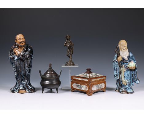 China and India, small collection of earthenware and bronze objects, 19th-20th century, comprising two earthenware figures of