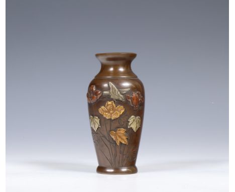 Japan, bronze miniature vase, Meiji period, ca. 1900; With decoration of flowers and bird, Inlaid with gold and silver and pa