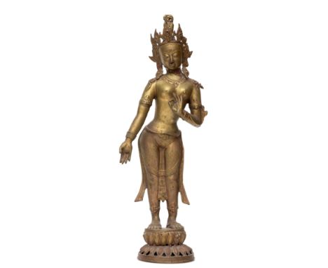 India, bronze figure of a deity, 20th century, in dancing position, wearing robes and ornate jewellery (some damage, lotus st