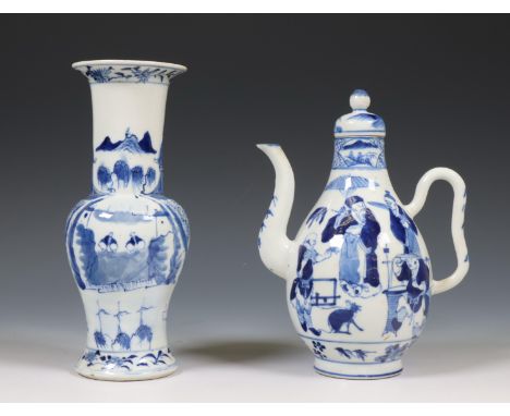 China, blue and white porcelain ewer and vase, 19th-20th century, each variously decorated with figures (crack around handle)