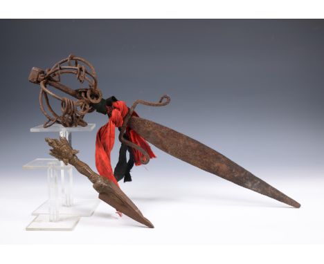 Tibet, bronze ritual dagger, phurba, together with a ritual sword (wear and dents) l. 20,5-54 cm [2]
