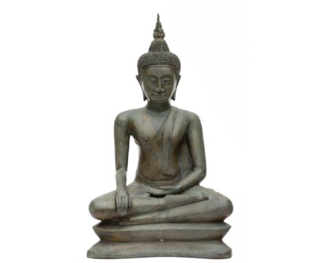 Thailand, bronze figure of Buddha, 20th century, seated in dhyanasana on a stepped base, his right hand in bhumisparsamura (f