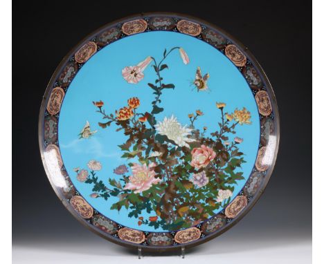 Japan, cloisonné enamel charger, Meiji period (1868-1912), decorated in coloured enamels with butterflies hovering above abun