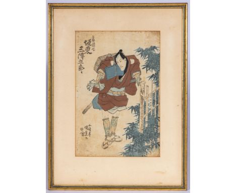 Japan, woodblock print, Utagawa Kunisada (1786-1865), depicting a warrior, famed behind glass (stains, yellowing) 36 x 24,5 c