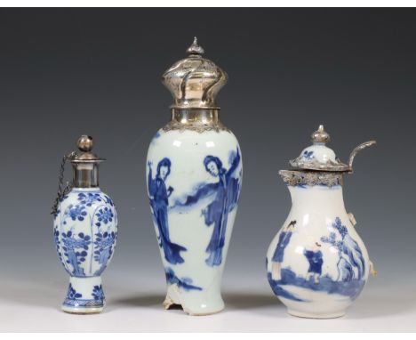 China, three silver-mounted blue and white porcelain vases, Kangxi period (1662-1722)-18th century, comprising a vase painted