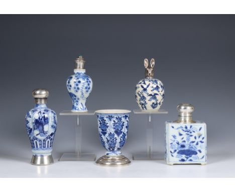 China, five small various silver-mounted blue and white porcelain vessels, 18th-19th century, comprising a soft paste vase wi