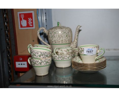 A vintage Thomas Forester &amp; Sons (T.F.S. Ltd.), Golden Jade tea/coffee set including tea/coffee pot, six saucers, six cup