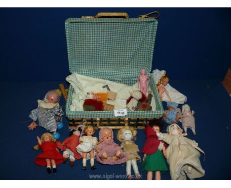 A quantity of small dolls to include Andy Pandy and Pelham puppet; some porcelain, some jointed, etc.