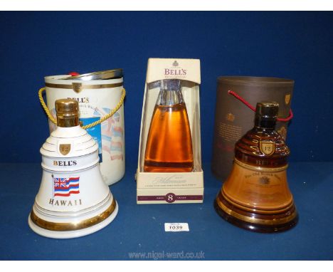 Three commemorative  Bell's Fine Old Scotch Whisky decanters including 12 years old, Hawaii and Millennium, all boxed and uno