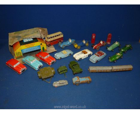 A quantity of play worn toys including Dinky Toys cars including early racing cars Dinky Talbot Lago (no. 230), Maserati (no.