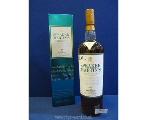 A bottle of Speakers Martin 'The Macallan', 10 years old.  Single Malt Scotch Whisky, specially selected by the then Speaker 