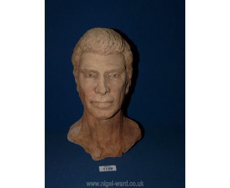 A modern terracotta sculpture of a young man's head, 12'' tall.