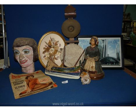 A vintage plastic figure of a lady (possibly advertising spirit) having papier mache head, an old sailing vessel, puppet head