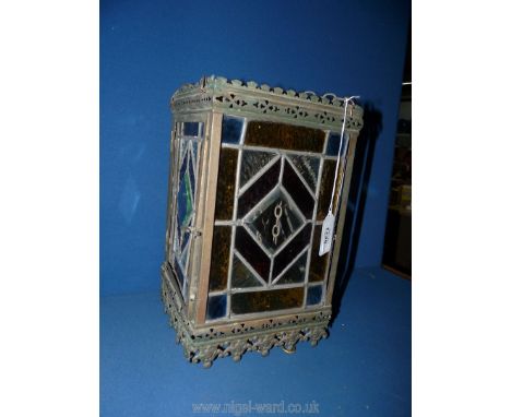 A large rectangular shaped stained glass hanging Lantern in cast metal frame, with red, yellow and blue geometric panels, (on