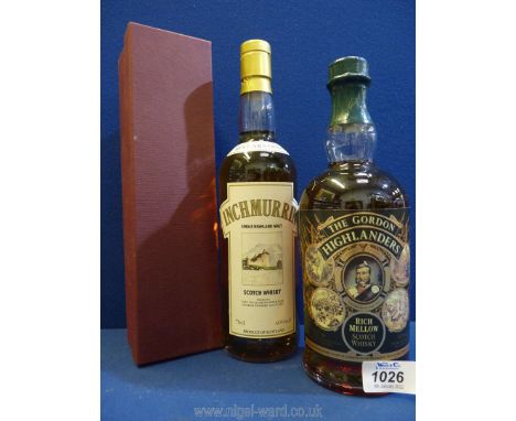 An Inchmurrin single highland malt whisky, boxed, 10 years old and The Gordon Highlanders, Rich mellow scotch whisky.