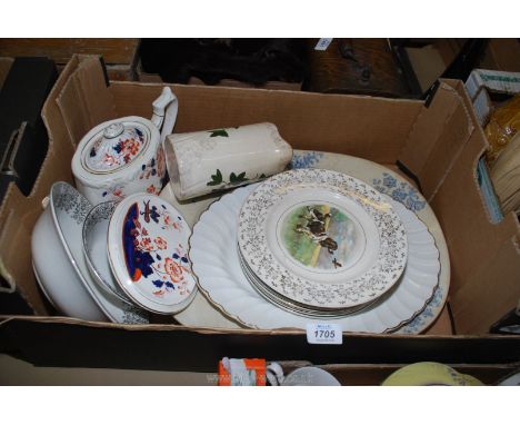 A quantity of china including two Myott meat plates, Dog display plates, Gaudy Welsh style teapot and stand a/f. etc.