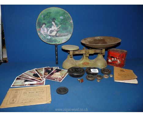 A 1950's Japanese silk fan, Hilltop 1950's kitchen weighing scales complete with weights, set of six Royal Betrothal postcard