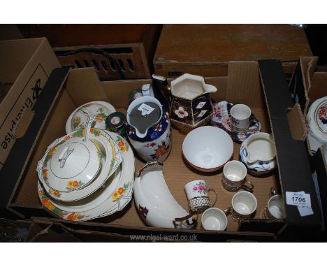 A quantity of china to include; six Wedgwood coffee beakers in white metal holders, Gaudy jug &amp; sugar bowl, Myotts lidded