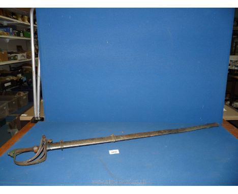 A believed Victorian military type Sword and metal scabbard, the grip damaged and blade bent and rusted, 39 3/4'' long overal