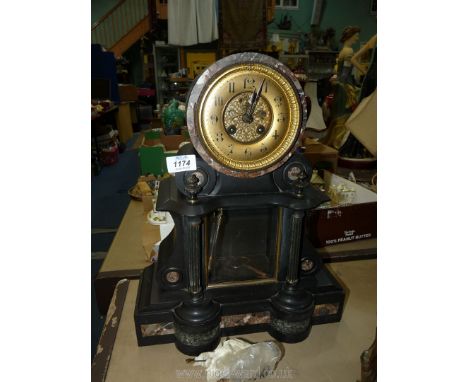 A very heavy and imposing black stone Mantel Clock with brass framed movement marked '92' by "Jules Rolez Limited, Paris". St