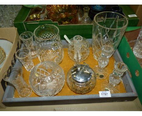A quantity of glass including a pair of crystal candlesticks, jug, vases including Brierley, jam pots etc.