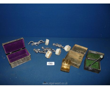 Four small metal figures standing on resin, four metal jewellery boxes and a Sheffield silver pickle fork with mother of pear