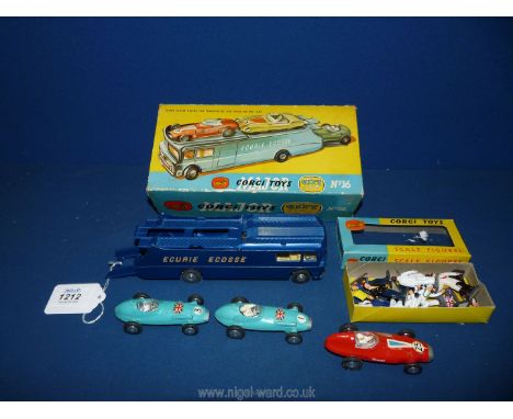 A Corgi Major No:16 Ecurie racing car transporter with cars and original box, together with a Corgi box of scale figures, mos