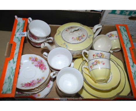 Two part teasets to include Gainsborough cups and saucers and a Johnson Bros. 'Pareek' in yellow and floral, teapot lid a/f.