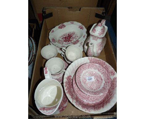 A quantity of pink and white china including Constable Series bowls, cups and saucers, Ridgeway 'Meadowsweet' bowl, Meakin ju