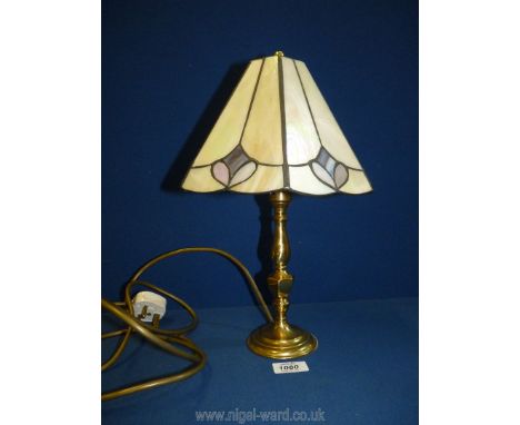 A brass Lamp with Tiffany style shade in cream and purple, 13 1/2" tall.