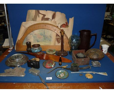 A quantity of miscellanea including small wooden propeller, glass head, boxed compass, large brown jug, barometer, Minox 35EL