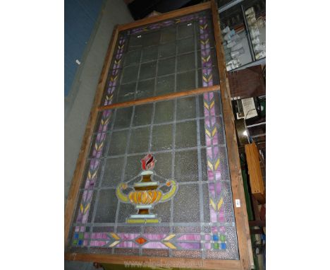 Four leaded frosted and stained glass Panels, mounted in pairs in softwood frames, each panel 41 3/4'' x 44'' approx.  (one p