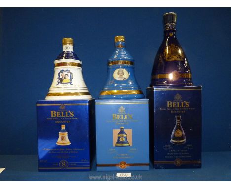 Three Wade  Bell's Scotch Whisky Royal commemorative decanters including Queen Elizabeth 75th Birthday, Golden Wedding Annive