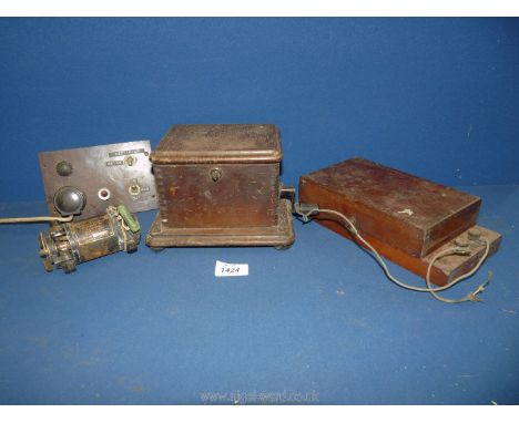 A Mahogany boxed hand-cracked  "Generator No. 4 C.P.", a bakelite switch panel, a "Rotary Transformer AT 11 watt No. 1", Inpu