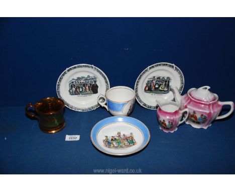 Two Welsh cockle plates, Welsh teapot, jug, cup &amp; saucer and a lustre cup.