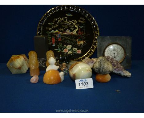 A small quantity of miscellanea including onyx egg, slate thermometer, piece of crystal, carved gnome figures and a metal tra