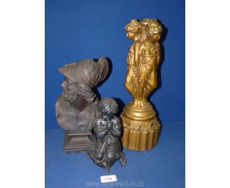 Three figures including plaster lamp base, metal figure of a child and a metal bust.