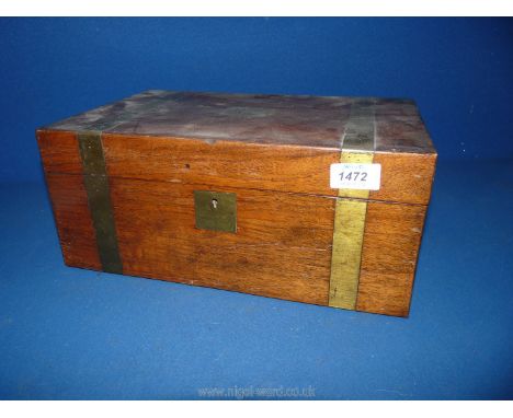 A brass banded correspondence box for restoration with the initials L.C to the square brass panel on the lid. 14" wide x 9" d