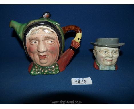 A Beswick ware no 169 Teapot (chip to rim), Sairey Gamp and a Beswick Pickwick character sugar pot, with chip.