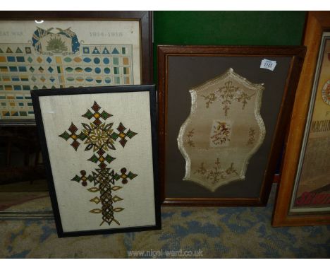 An early 20th c. framed embroidery panel 'From Plymouth' 'Pansies For Thought' together with a vintage wool-work of a cross.