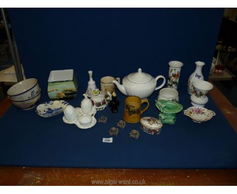 A Portmeirion 'Botanical Garden' slim vase, small novelty teapot with book,fruit bowl and cup and saucer on the lid, sugar bo