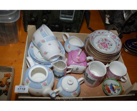 A small quantity of china including Nina Cambell tea fro two set (teapot lid missing), pink lustre souvenir ware, floral trin