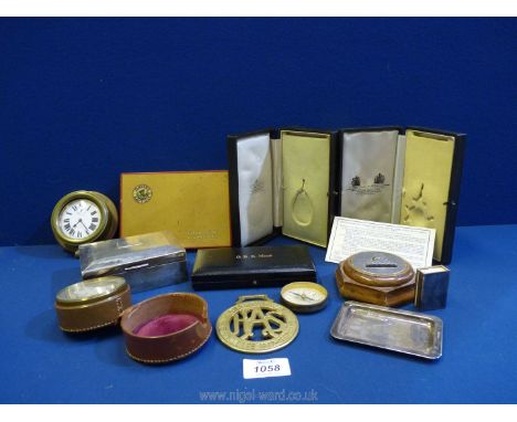 A small quantity of miscellanea including mini Swiss mode brass clock, compass, sterling silver box marked H.M.S Woodbridge H