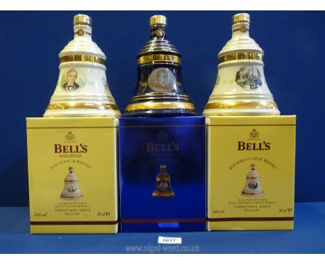 Three Wade Bell's Extra Special Old Whisky, boxed Christmas decanters 2003 and 2004 and a Christmas blended scotch whisky 200
