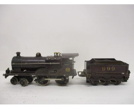 A Marklin 0 gauge tin plate, Midland Maroon 4-4-0 clockwork locomotive and tender, locomotive 9 1/4"l, tender 6 3/4" l