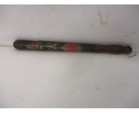 A Victorian Special Constable painted truncheon, decorated with a crown and VR with a ribbed handled, 18" l 