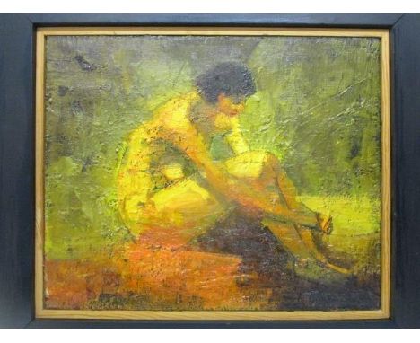 Mid 20th century Continental School - a full length nude portrait of a woman, oil on canvas, 16" x 20", in a black and gilt f